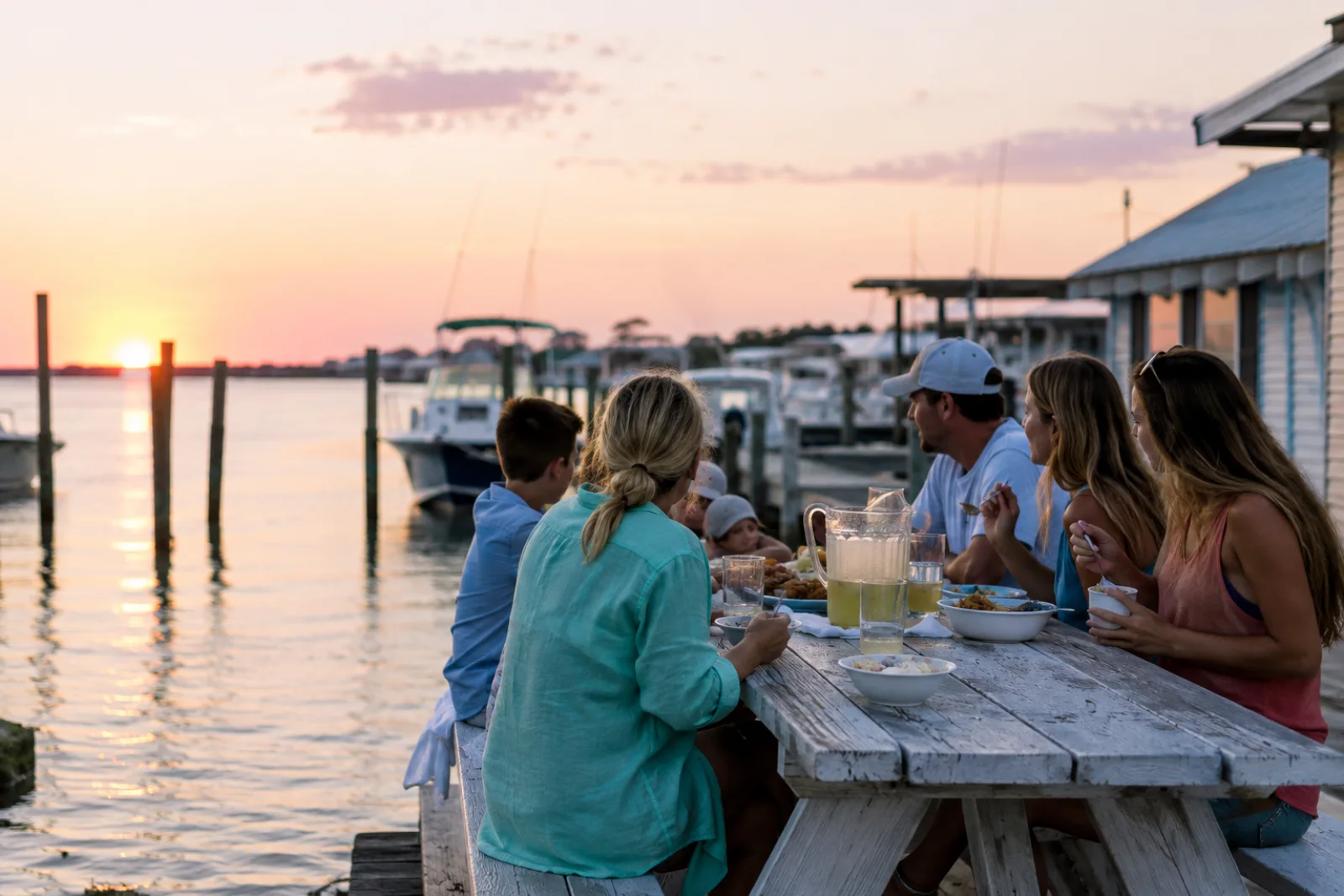 Family and friends sharing dinner beside the marina at sunset